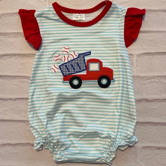 Unbranded Other - Baby Girl 12 Month Blue White Striped Baseballs Truck Ruffled Stretch One-Piece